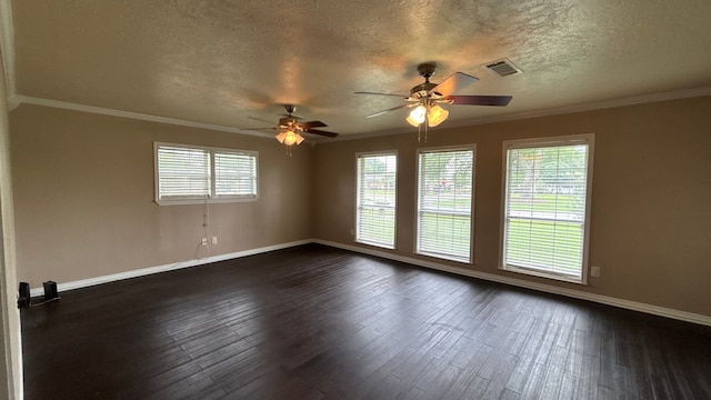 4400 Bethany St, Port Arthur, TX 77642 - empty room featuring baseboards, dark wood-type flooring, ceiling fan, a textured ceiling, and ornamental molding