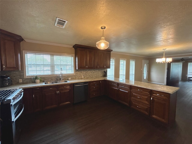 4400 Bethany St, Port Arthur, TX 77642 - kitchen with dishwashing machine, double oven range, dark wood-style floors, a sink, and a textured ceiling