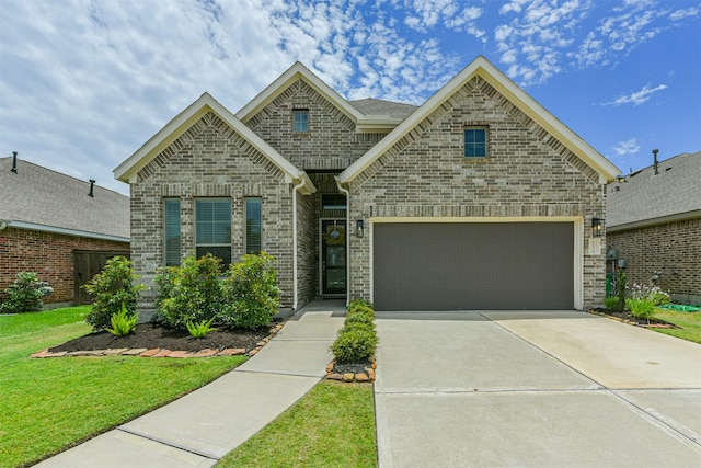 12314 Macbrice Ln, Humble, TX 77346 - french provincial home with a front yard, concrete driveway, stone siding, and brick siding