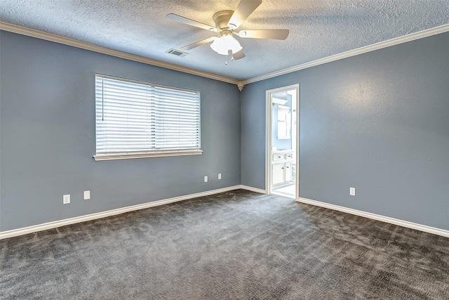 5802 Ashmere Ln, Spring, TX 77379 - unfurnished room featuring ceiling fan, a textured ceiling, dark carpet, crown molding, and baseboards