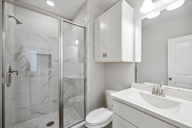 5405 Larkin St, Houston, TX 77007 - full bath featuring toilet, a marble finish shower, vanity, and recessed lighting