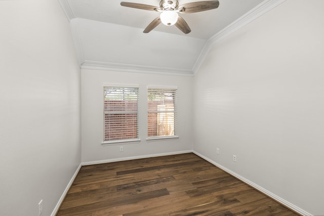 10906 Bernalda Cir, Richmond, TX 77406 - unfurnished room featuring ornamental molding, ceiling fan, dark wood finished floors, baseboards, and lofted ceiling