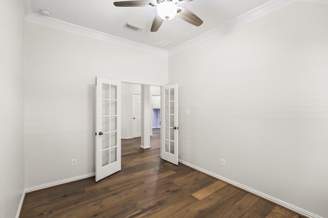 10906 Bernalda Cir, Richmond, TX 77406 - unfurnished bedroom with french doors, crown molding, baseboards, dark wood-type flooring, and ceiling fan