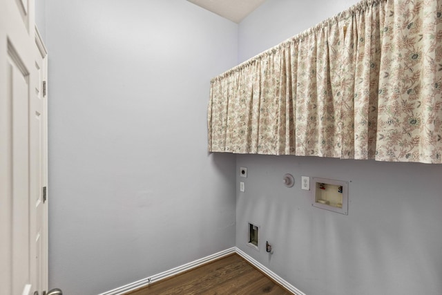 10906 Bernalda Cir, Richmond, TX 77406 - laundry room with gas dryer hookup, washer hookup, hookup for an electric dryer, dark wood-style flooring, and baseboards