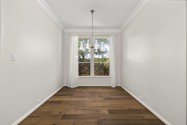 10906 Bernalda Cir, Richmond, TX 77406 - unfurnished dining area with a chandelier, crown molding, dark wood-style flooring, and baseboards