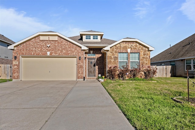 123 San Gabriel Dr, Baytown, TX 77523 - traditional-style house with driveway, a garage, brick siding, stone siding, and roof with shingles