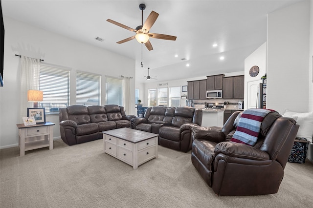 123 San Gabriel Dr, Baytown, TX 77523 - living room featuring ceiling fan, light colored carpet, recessed lighting, high vaulted ceiling, and baseboards