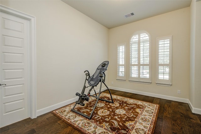 2515 Rainflower Meadow Ln, Katy, TX 77494 - exercise area with dark wood-style flooring, baseboards, and lofted ceiling