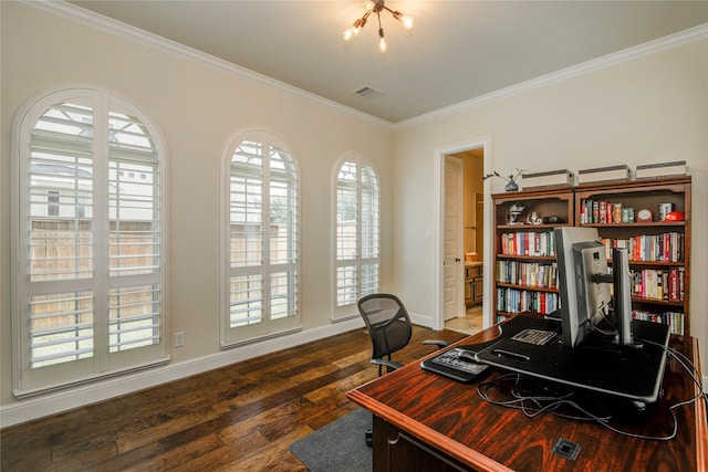 2515 Rainflower Meadow Ln, Katy, TX 77494 - office space with ornamental molding, dark wood-style floors, and baseboards
