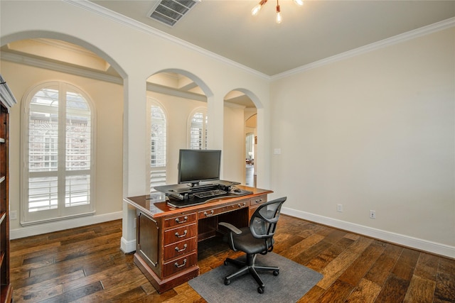 2515 Rainflower Meadow Ln, Katy, TX 77494 - office area featuring dark wood-style flooring, ornamental molding, baseboards, and arched walkways