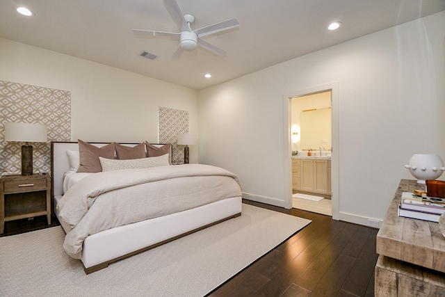 802 W 30th St, Houston, TX 77018 - bedroom featuring dark wood-style flooring, ensuite bathroom, baseboards, recessed lighting, and ceiling fan