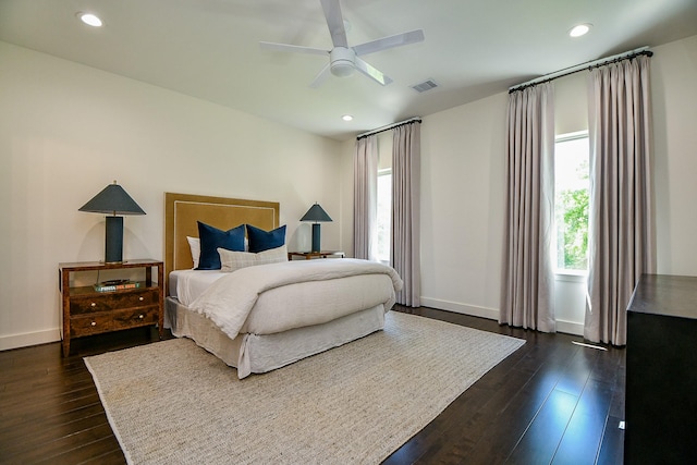 802 W 30th St, Houston, TX 77018 - bedroom featuring dark wood-style floors, baseboards, recessed lighting, and ceiling fan