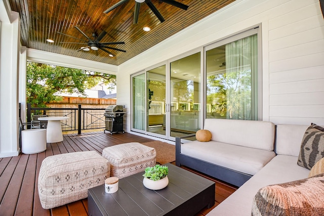 802 W 30th St, Houston, TX 77018 - wooden terrace with ceiling fan, grilling area, and outdoor lounge area