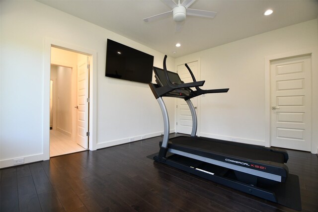 802 W 30th St, Houston, TX 77018 - workout area featuring ceiling fan, wood finished floors, baseboards, and recessed lighting