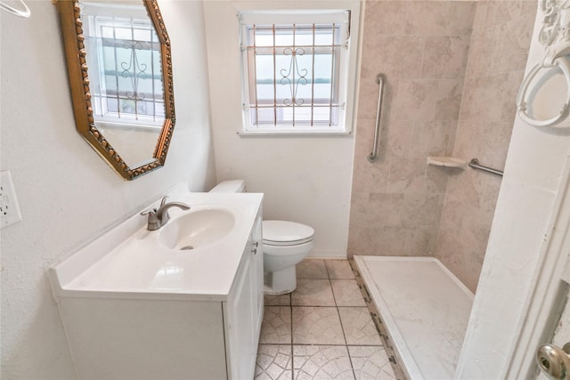 7547 Touchstone St, Houston, TX 77028 - bathroom with toilet, vanity, tiled shower, and plenty of natural light