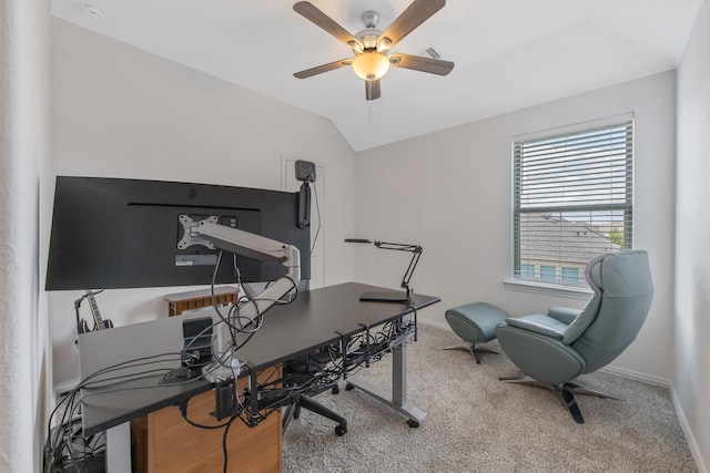 15511 Bosque Valley Ct, Cypress, TX 77433 - home office with carpet flooring, a ceiling fan, and lofted ceiling