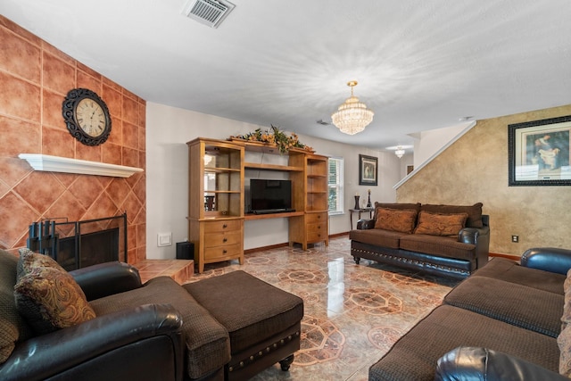16338 N Glade, Houston, TX 77073 - living room with a chandelier and a tile fireplace