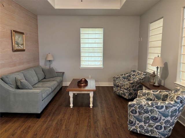 943 Sand Dune Dr, Crystal Beach, TX 77650 - living area with wood finished floors, a tray ceiling, wooden walls, and baseboards