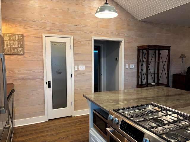 943 Sand Dune Dr, Crystal Beach, TX 77650 - kitchen with appliances with stainless steel finishes, wooden walls, vaulted ceiling, dark wood-style floors, and baseboards