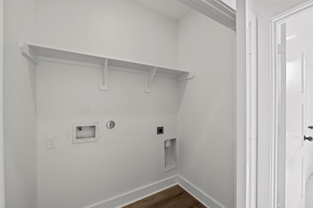 8417 Venus St Unit A B, Houston, TX 77088 - laundry room featuring dark wood-style flooring, baseboards, hookup for an electric dryer, hookup for a gas dryer, and washer hookup