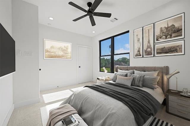 8417 Venus St Unit A B, Houston, TX 77088 - carpeted bedroom with baseboards, ceiling fan, and recessed lighting