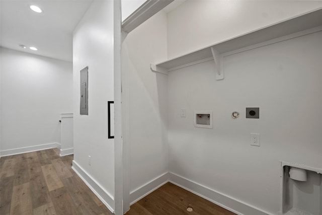 8417 Venus St Unit A B, Houston, TX 77088 - laundry area with electric dryer hookup, recessed lighting, gas dryer hookup, dark wood-style floors, and washer hookup
