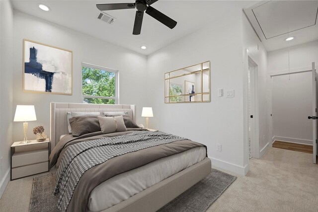8417 Venus St Unit A B, Houston, TX 77088 - carpeted bedroom with attic access, baseboards, recessed lighting, and a ceiling fan