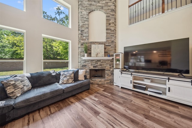 14619 Hampton Green Ln, Houston, TX 77044 - living room featuring a high ceiling, wood finished floors, and a fireplace
