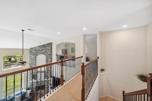 14619 Hampton Green Ln, Houston, TX 77044 - corridor with carpet, an upstairs landing, recessed lighting, and baseboards