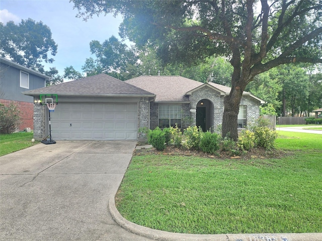 18389 Ten Oaks Ct, Porter, TX 77365 - ranch-style house with a garage, driveway, brick siding, and a shingled roof