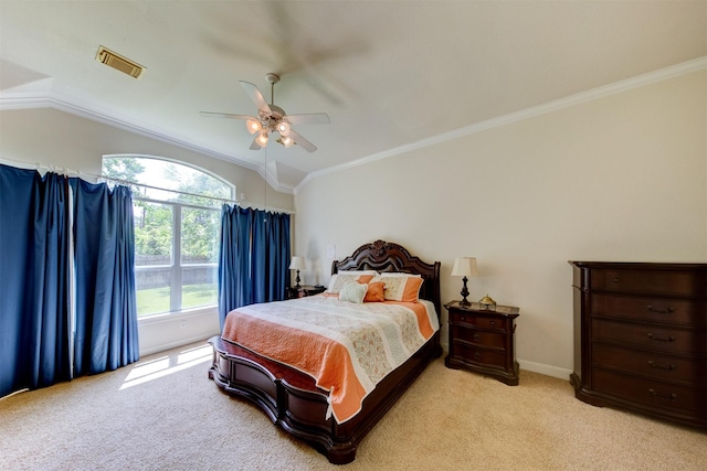 4815 N Pine Brook Way, Houston, TX 77059 - bedroom with lofted ceiling, light colored carpet, crown molding, and a ceiling fan