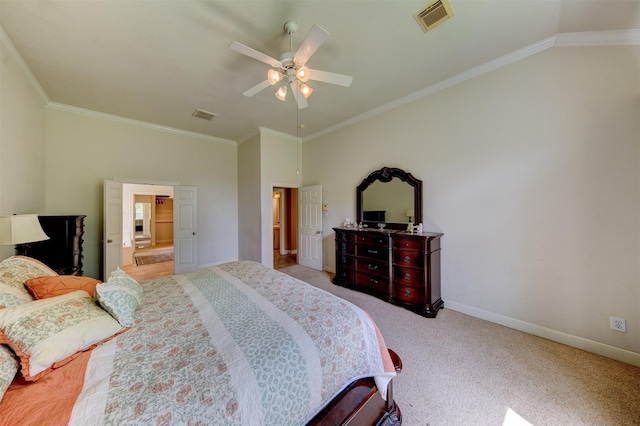 4815 N Pine Brook Way, Houston, TX 77059 - bedroom featuring light carpet, ornamental molding, ceiling fan, and lofted ceiling
