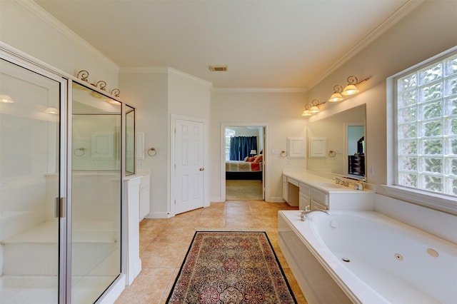 4815 N Pine Brook Way, Houston, TX 77059 - ensuite bathroom featuring ornamental molding, a tub with jets, plenty of natural light, vanity, and a stall shower