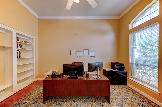 4815 N Pine Brook Way, Houston, TX 77059 - office space featuring ceiling fan, ornamental molding, light wood-style floors, and built in features