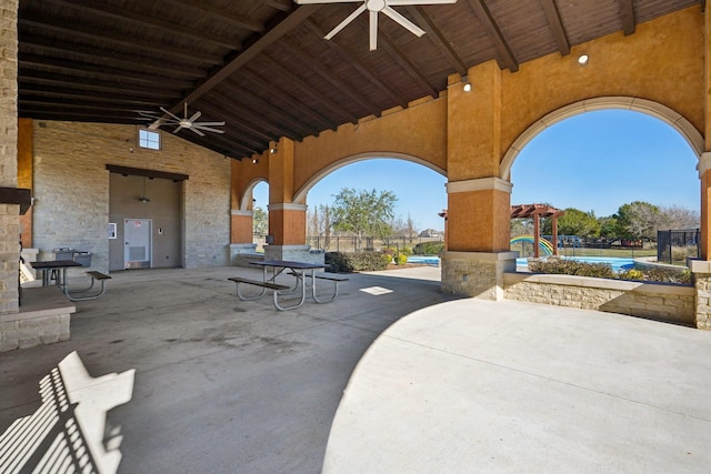 2813 Bottiglia Way, League City, TX 77573 - view of patio / terrace featuring a ceiling fan and a swimming pool