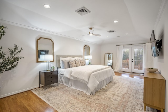 11 Twin Circle Dr, Houston, TX 77042 - bedroom with access to exterior, ornamental molding, wood finished floors, french doors, and recessed lighting
