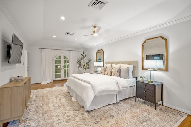 11 Twin Circle Dr, Houston, TX 77042 - bedroom featuring access to outside, french doors, crown molding, light wood-type flooring, and baseboards