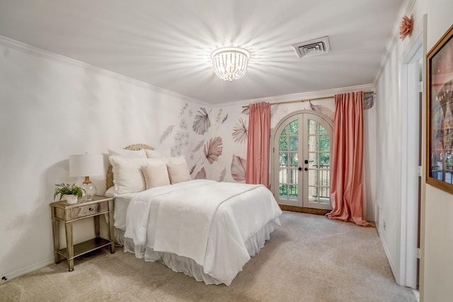 11 Twin Circle Dr, Houston, TX 77042 - bedroom featuring access to exterior, french doors, light carpet, a chandelier, and ornamental molding