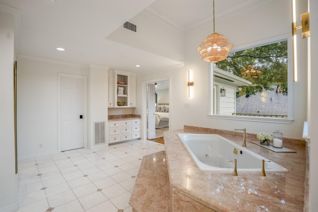 11 Twin Circle Dr, Houston, TX 77042 - ensuite bathroom with a jetted tub, ornamental molding, recessed lighting, a chandelier, and tile patterned flooring