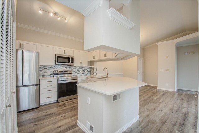 2111 Welch St Unit A321, Houston, TX 77019 - kitchen featuring appliances with stainless steel finishes, a sink, light wood-style floors, light countertops, and decorative backsplash