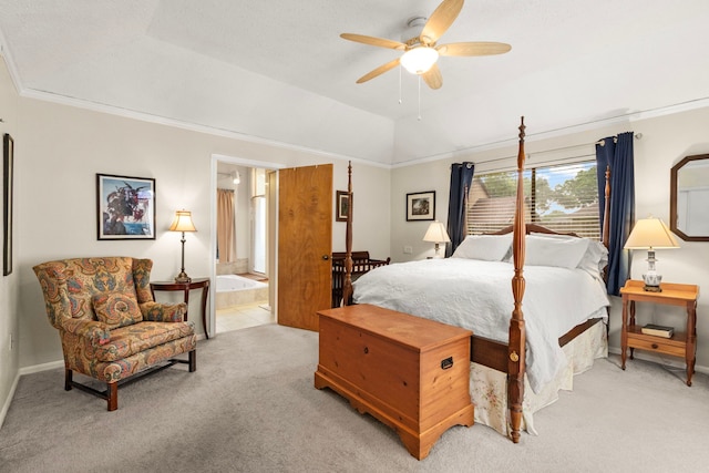 815 Millpond Dr, Sugar Land, TX 77498 - bedroom featuring light carpet, connected bathroom, ornamental molding, a ceiling fan, and lofted ceiling