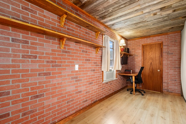 815 Millpond Dr, Sugar Land, TX 77498 - unfurnished office with wooden ceiling, hardwood / wood-style floors, brick wall, and cooling unit