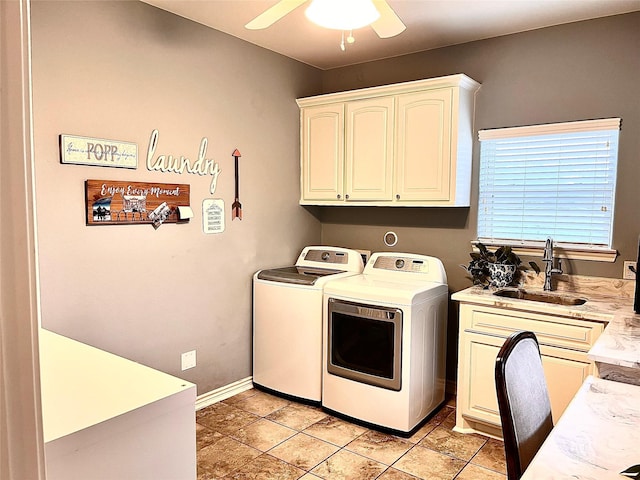 3898 County Road 135th Rd, Wharton, TX 77488 - washroom featuring cabinet space, washing machine and clothes dryer, a ceiling fan, baseboards, and light tile patterned floors