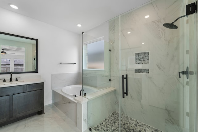 9818 Daffodil Springs Dr, Richmond, TX 77407 - full bathroom with a bath, a marble finish shower, marble tiled floors, vanity, and a ceiling fan