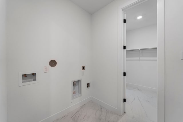 9818 Daffodil Springs Dr, Richmond, TX 77407 - laundry area featuring light marble finish floors, washer hookup, hookup for an electric dryer, baseboards, and recessed lighting