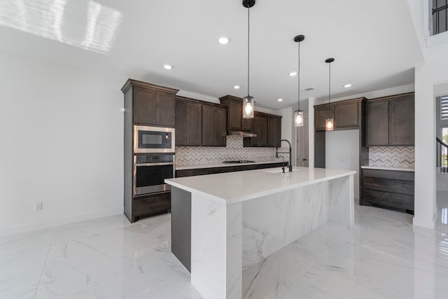9818 Daffodil Springs Dr, Richmond, TX 77407 - kitchen featuring stainless steel appliances, decorative backsplash, dark brown cabinets, recessed lighting, and light marble finish floors