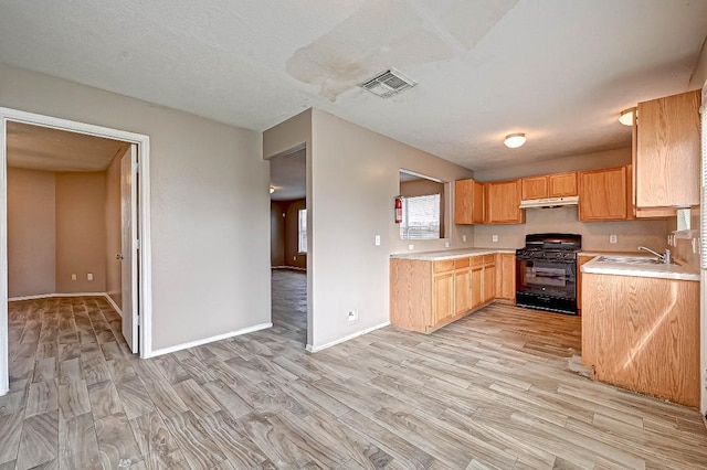 1406 Hade Falls Ln, Houston, TX 77073 - kitchen featuring gas stove, under cabinet range hood, light countertops, light wood finished floors, and a sink
