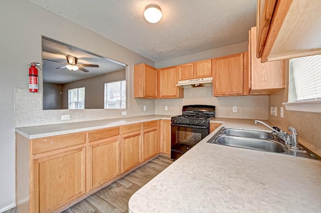 1406 Hade Falls Ln, Houston, TX 77073 - kitchen featuring gas stove, a sink, under cabinet range hood, light countertops, and a ceiling fan