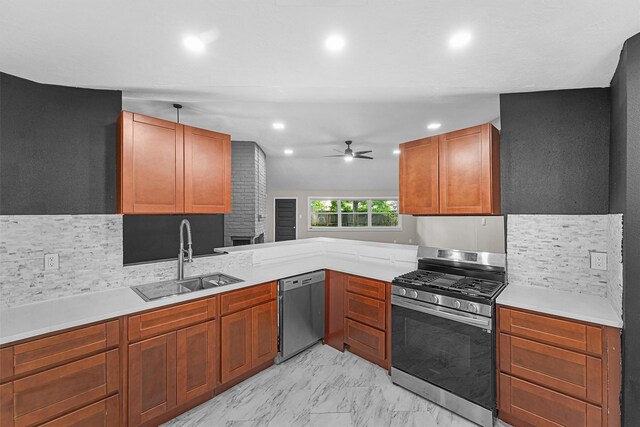 16026 Beechnut St, Houston, TX 77083 - kitchen featuring stainless steel appliances, a ceiling fan, decorative backsplash, light countertops, and recessed lighting
