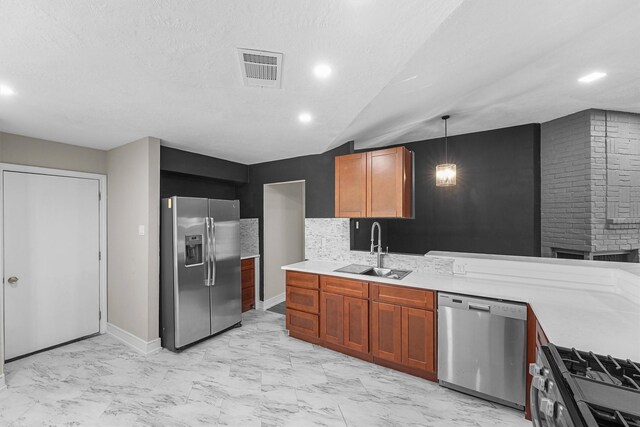 16026 Beechnut St, Houston, TX 77083 - kitchen with stainless steel appliances, light marble finish flooring, light countertops, recessed lighting, and backsplash